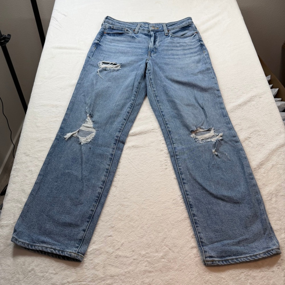 Old Navy O.G. Loose Straight Jeans Womens 12 Blue Light Wash Good Distressed